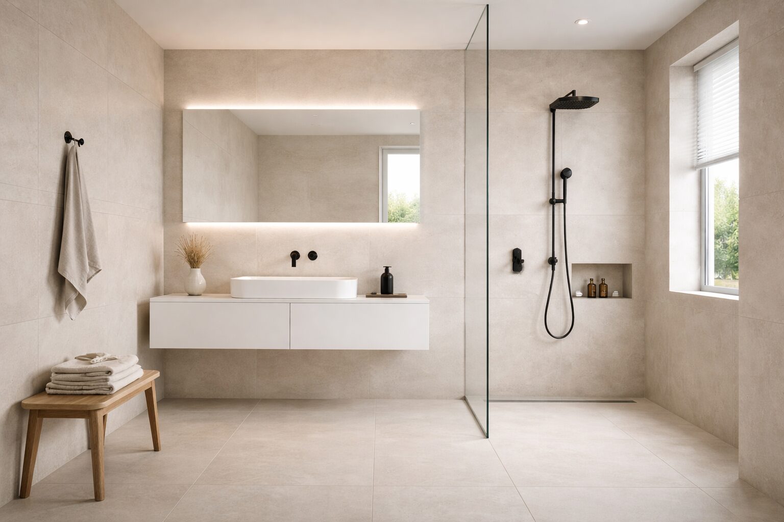 Badezimmer minimalistisch Farben und Materialien