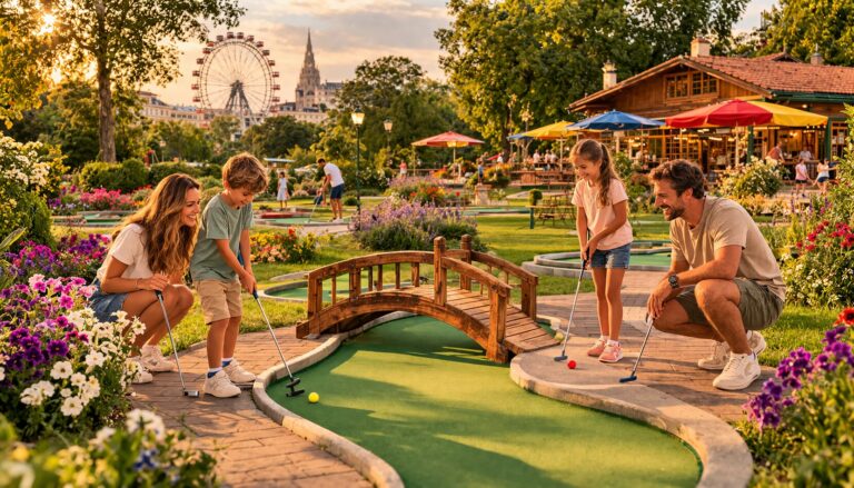 Minigolf in Wien: 10 Anlagen für Jung und Alt im Überblick Minigolf im goldenen Abendlicht