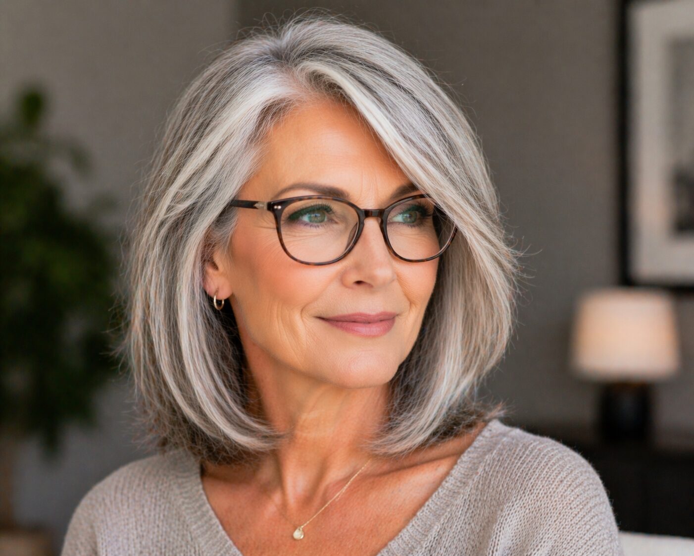 Peppige Frisuren für Frauen ab 50 mit Brille und grauen Haaren mittellang mit Seitenscheitel