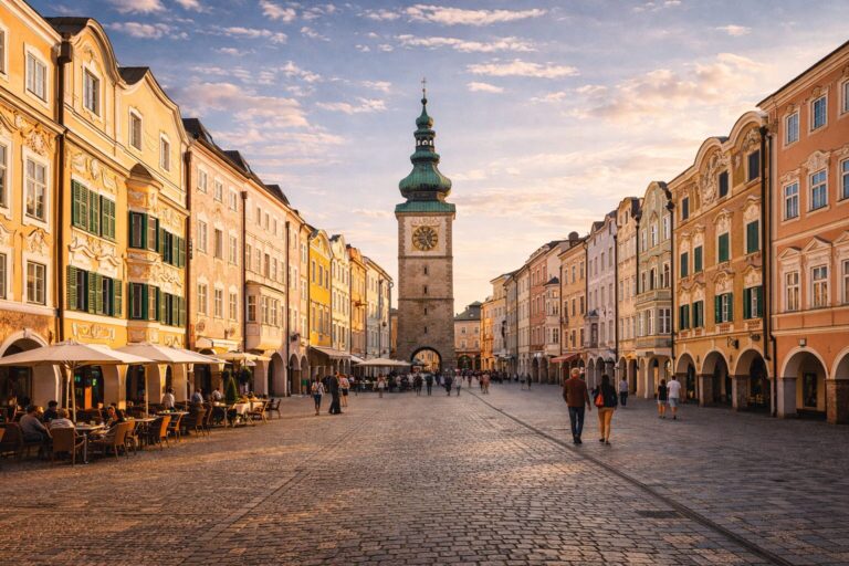 Die schönste Sehenswürdigkeit in Wels: 10 Ideen für Ihre Reise Sonnenuntergang im Stadtplatz von Wels