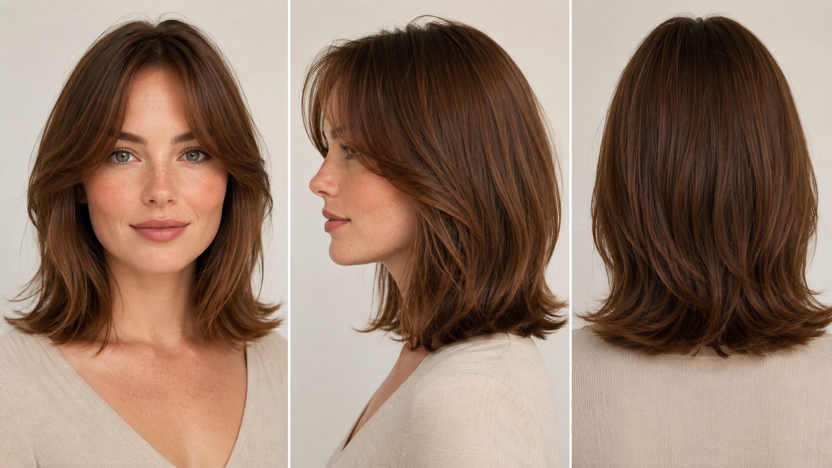 Curtain Bangs mit schulterlangem Haar