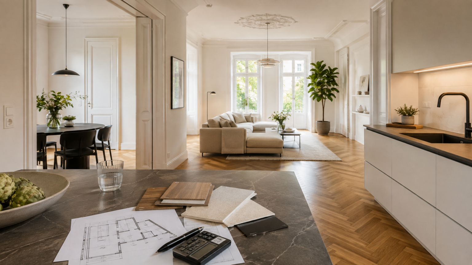Heller moderner Wohnraum mit Designfliesen, Materialmustern und hochwertiger Innenraumgestaltung.