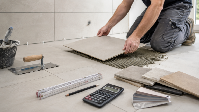 Was kostet ein Fliesenleger? Diese Faktoren bestimmen den Preis einer Fliesenverlegung Fliesenleger verlegt großformatige Bodenfliesen neben Werkzeug, Materialmustern und Taschenrechner.